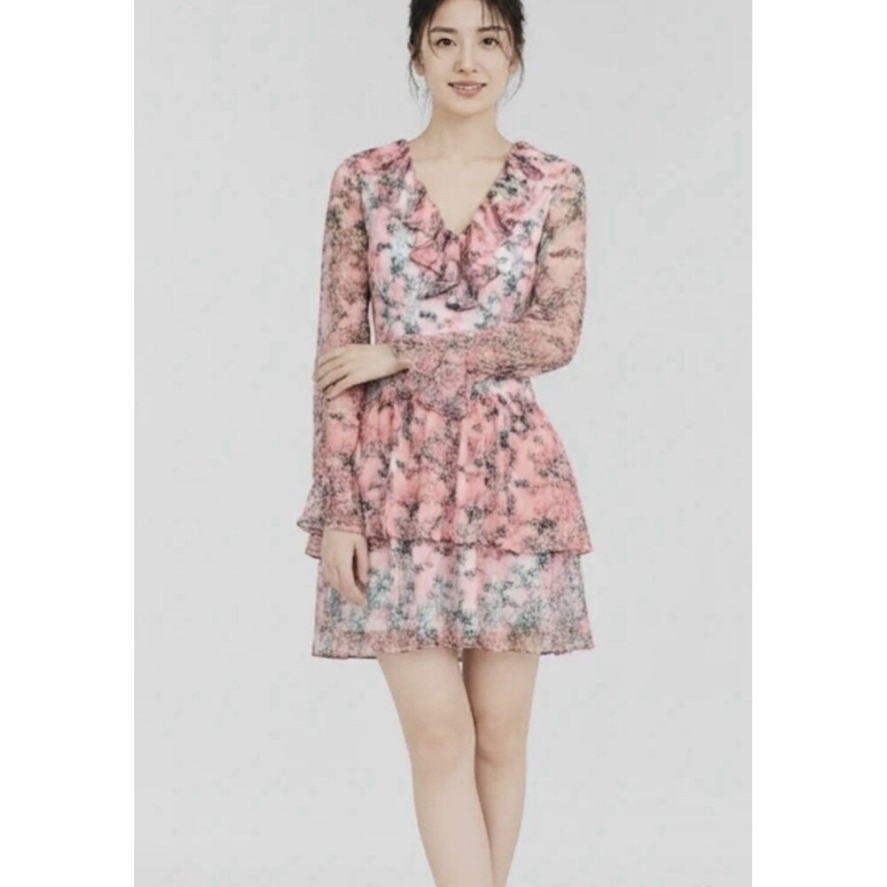 Marchesa Rose Notte Lace Mini Dress Long Sleeve Tiered Floral Size Small